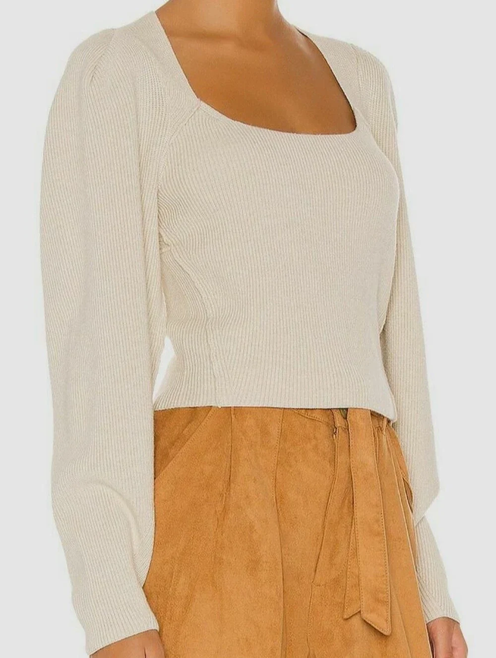 Free People Cream Ribbed Open-Back Long Sleeve Top-S